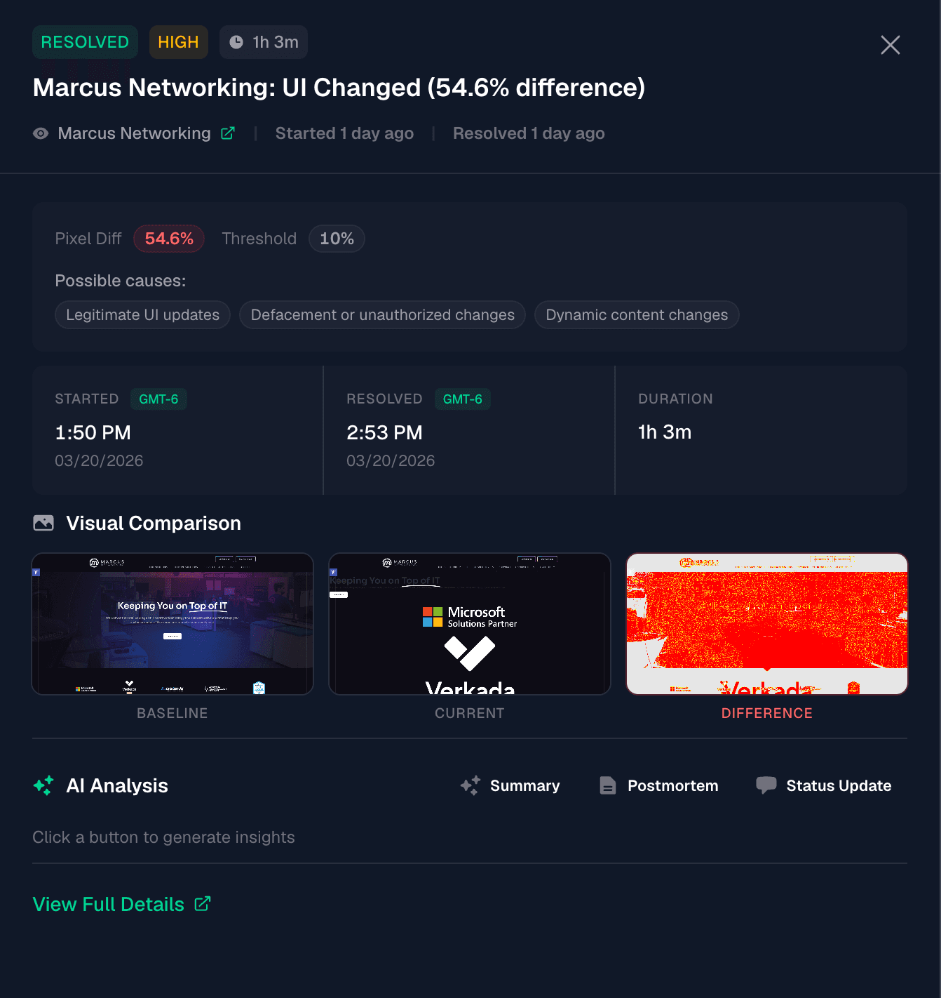 Visual Sentinel incident view showing baseline vs current screenshot comparison with 54% visual difference detected