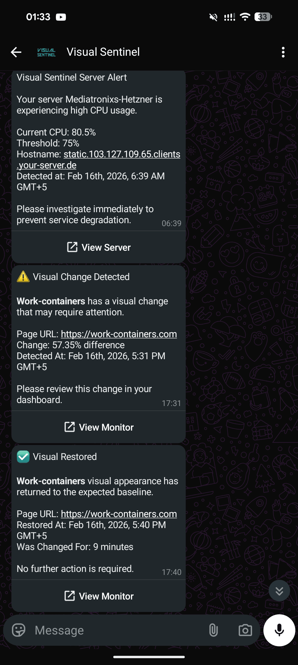 A Visual Sentinel website alert delivered in WhatsApp